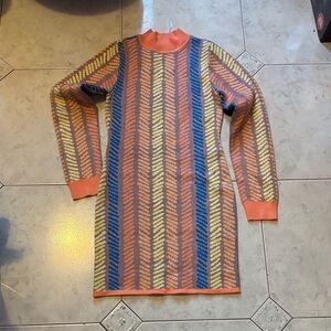 Orange and Blue Patterned Total Fitted Mini Skirt Sweater Blast